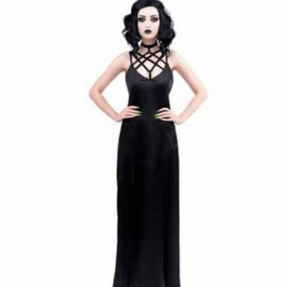 Killstar Black Gothic Harness Maxi Dress Strappy Choker Front Slit Size M